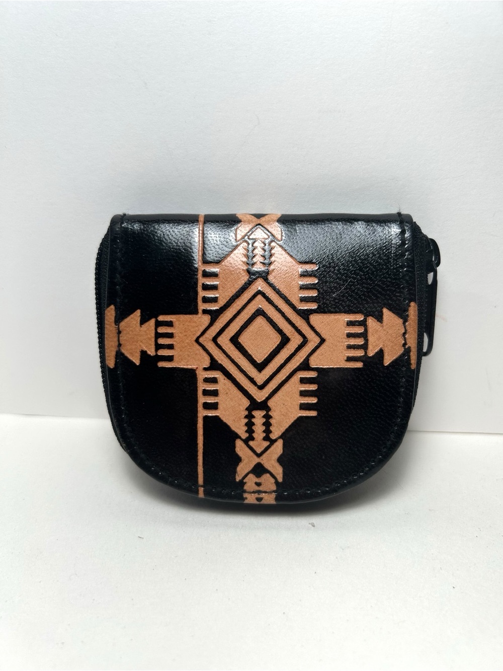 Goat Leather Native Geometric Pattern Black Coin Purse, Compact Wallet, Aztec